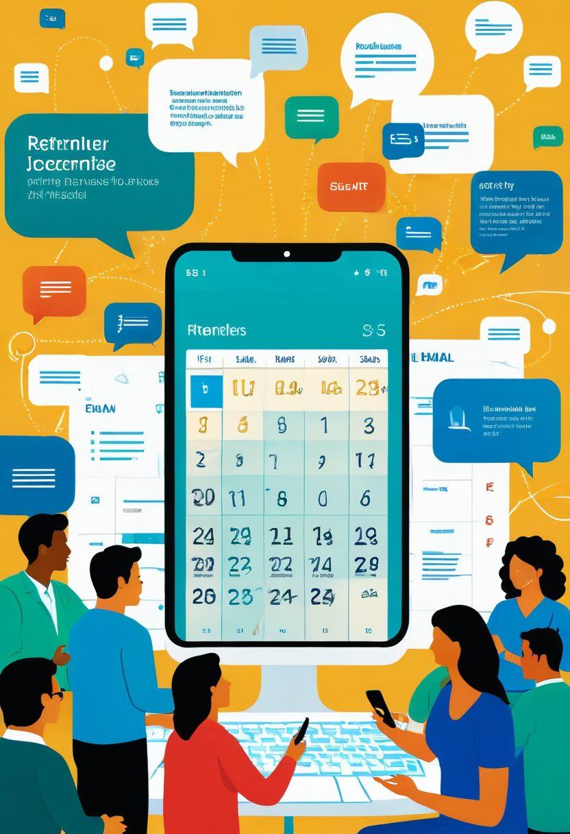 A visually engaging illustration of a calendar with renewal reminders, surrounded by happy and satisfied customers interacting with digital devices. Include icons of communication like emails and chat bubbles, symbolizing customer engagement. The background should be dynamic, showcasing a blend of colors representing positivity and reliability. Use a modern and clean aesthetic style that reflects professionalism. vibrant colors. super-realistic.