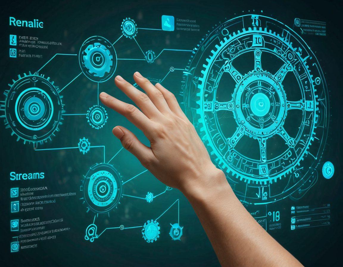 An abstract representation of gears and digital streams intertwining, symbolizing automation and seamless processes. In the foreground, a hand is depicted interacting with a futuristic touchscreen displaying subscription metrics and renewal dates. Soft blue and green hues illuminate the background, creating a sense of tranquility and efficiency. Include a subtle hint of a calendar and checkmark icons to emphasize renewal management. super-realistic. vibrant colors.